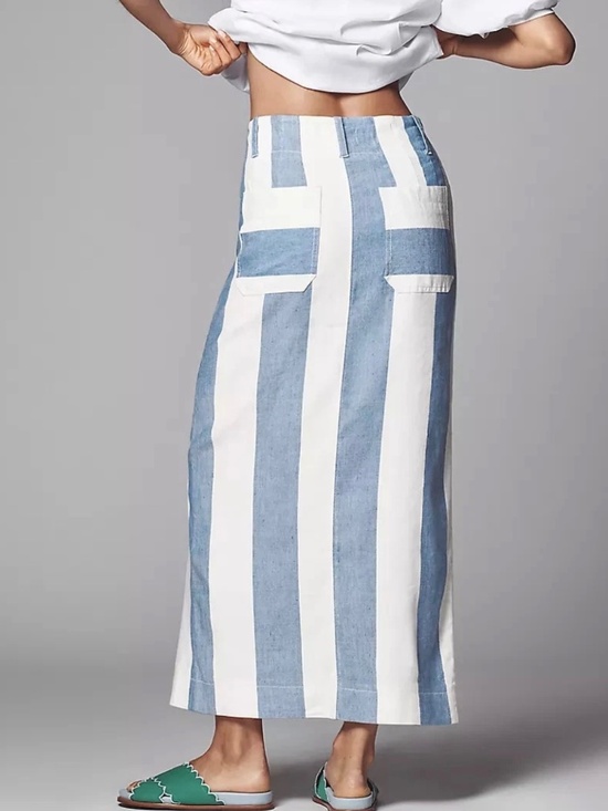 Anthropologie Dresses & Skirts - Anthropologie Colette Linen Maxi Skirt Stripes Patch Pockets Blue Slit Sz Medium